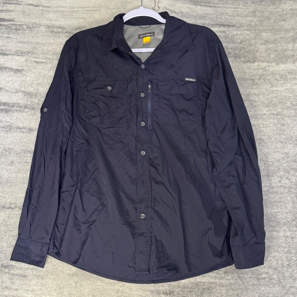 Eddie Bauer Mens Medium Navy Blue Ripstop Roll Tab Hiking Fishing Shirt Long Slv